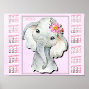 2023 Kinderkalender, Aquarell-Elefant, Blumen Poster