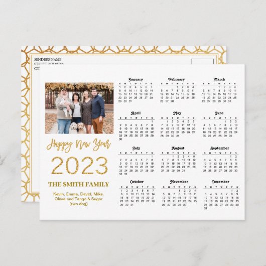 2023 Moderner Gold Glitzer Script Foto Calendar Postkarte (Vorne/Hinten)