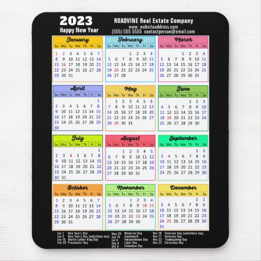 2023 Moderner Kalender mit öffentlichen Feiertagen Mousepad (Vorne)