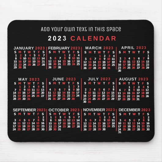 2023 Monatlicher Kalender Custom Black Red White Mousepad (Vorne)