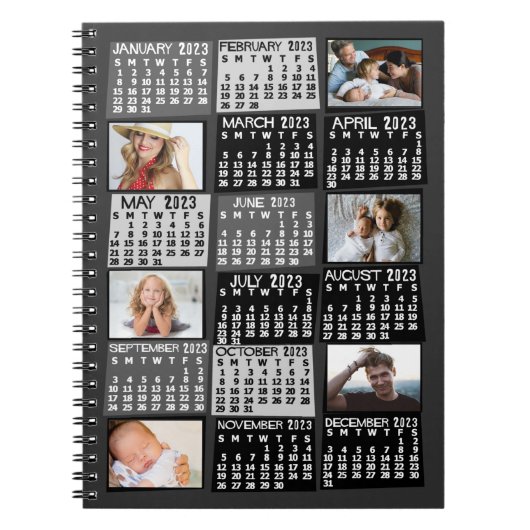 2023 Monatlicher Kalender Schwarz Mod 6 FotoCollag Notizblock (Vorderseite)