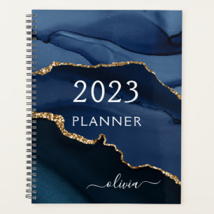 2023 Navy Blue Gold Agate Geode Script Monogram Planer