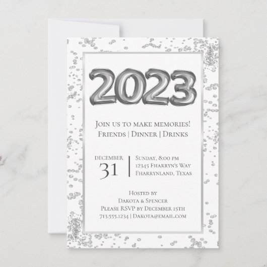 2023 Neue Jahre | Silver and Black Balloon Confett Einladung (Vorderseite)
