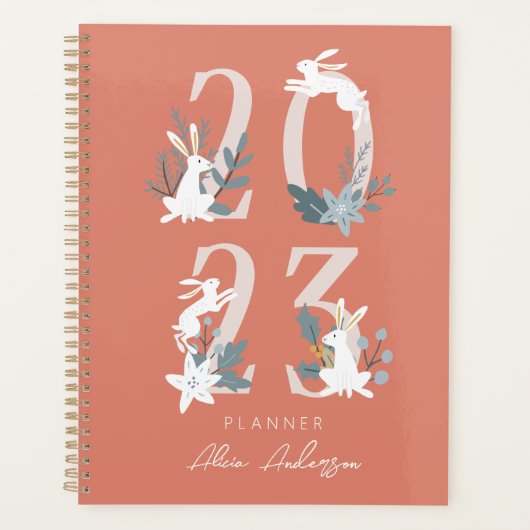 2023 Red Winter Floral & Foliage Bunny Planner Planer (Vorderseite)