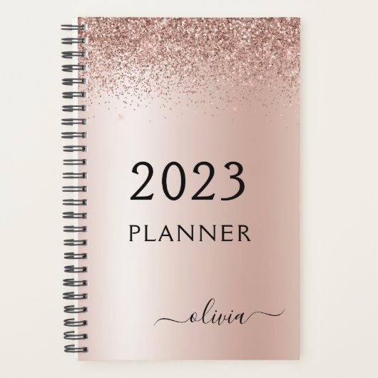 2023 Rose Gold Blush Pink Glitter Monogram Planer (Vorderseite)