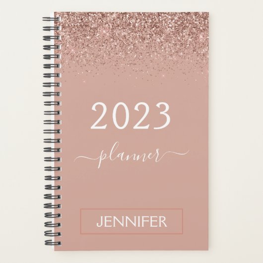 2023 Rose Gold Blush Pink Glitzer Monogram Girly Planer (Vorderseite)