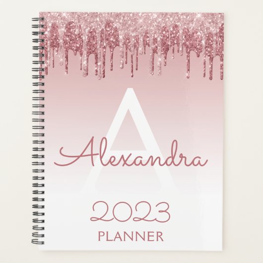 2023 Rose Gold Blush Pink Glitzer Sparkle Monogram Planer (Vorderseite)