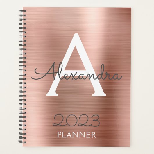 2023 Rose Gold Blush Pink Sparkle Monogram Planer (Vorderseite)