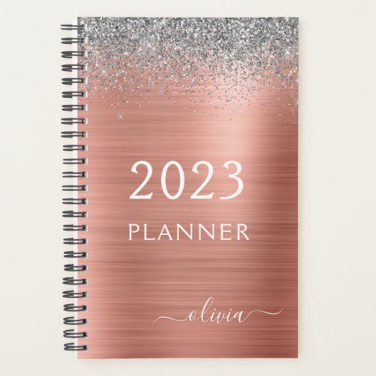 2023 Rose Gold Blush Silver Glitzer Monogram Planer (Vorderseite)