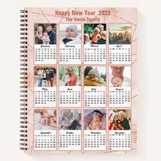 2023 Rose Gold Moderne Familie 12 Foto Kalender Notizblock (Vorderseite)