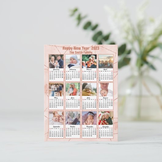 2023 Rose Gold Moderne Familie 12 Foto Kalender Postkarte (Stehend Vorderseite)
