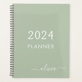 2023 Sage Green Script Monogram Name Modern Planer