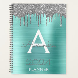 2023 Silver Aquamarin Aqua Blue Glitzer Monogram Planer