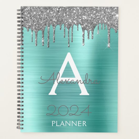 2023 Silver Aquamarin Aqua Blue Glitzer Monogram Planer (Vorderseite)