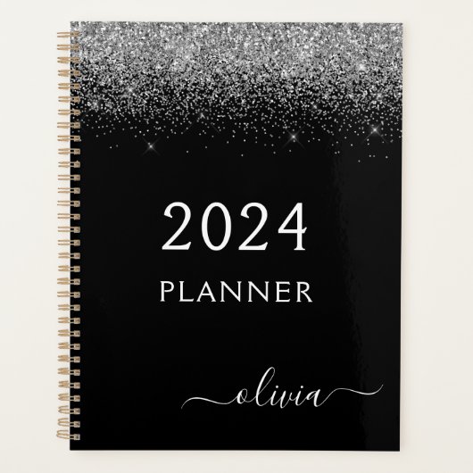 2023 Silver Black Glitter Sparkle Glam Monogram Planer (Vorderseite)
