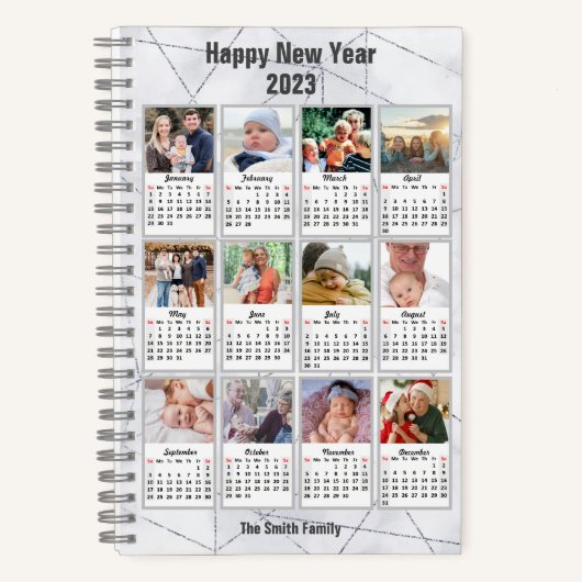 2023 Silver Gold Moderne Familie 12 Foto Kalender Notizblock (Vorderseite)