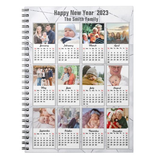 2023 Silver Gold Moderne Familie 12 Foto Kalender Notizblock (Vorderseite)