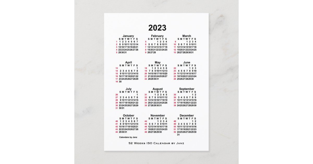 2023-white-52-week-iso-calendar-by-janz-postcard-postkarte-zazzle-de