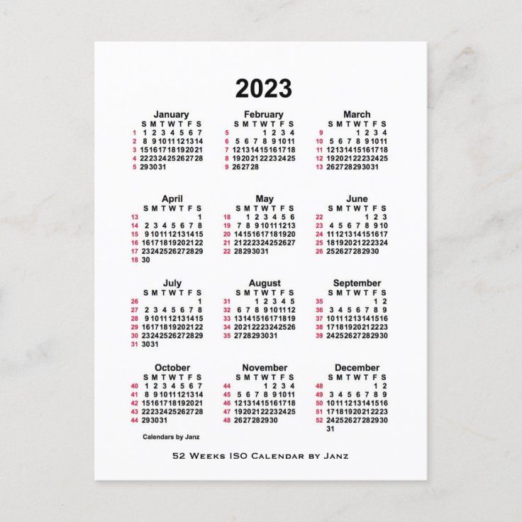 2023 white 52 week iso calendar by janz postcard postkarte zazzle de