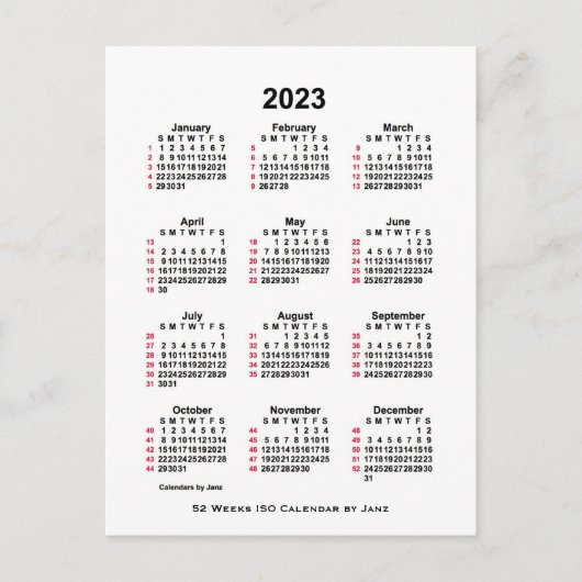 2023 White 52 Week ISO Calendar by Janz Postcard Postkarte (Vorderseite)