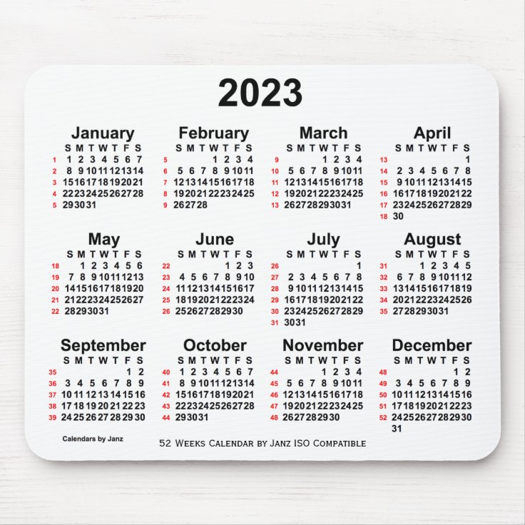2023 White 52 Weeks Iso Calendar By Janz Mousepad Zazzlede