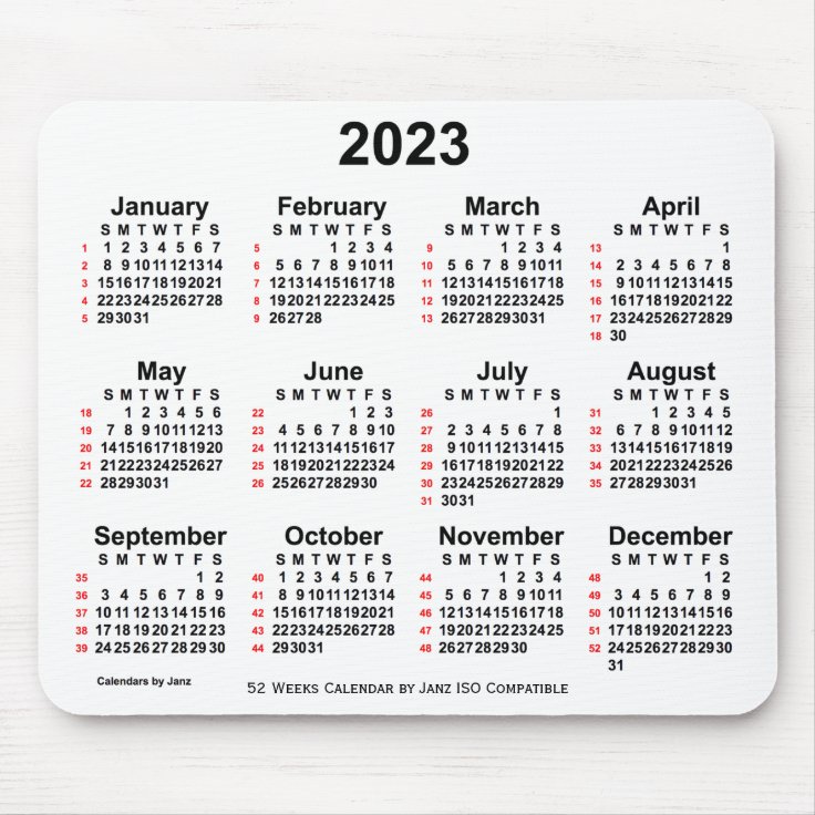 2023 White 52 Weeks ISO Calendar By Janz Mousepad Zazzle de