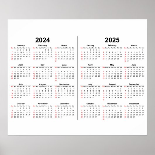 2024 2025 Calendar 2 year black white Poster (Vorne)