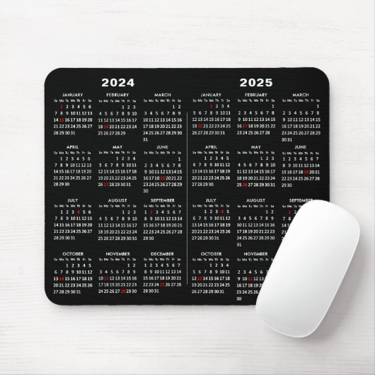 2024 - 2025 Kalender Einfach Schwarz mit US-Urlaub Mousepad (Mit Mouse)