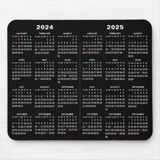 2024 - 2025 Kalender Einfach Schwarz mit US-Urlaub Mousepad (Vorne)