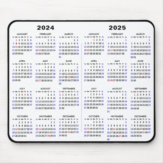 2024 - 2025 Kalender Einfach Schwarz mit US-Urlaub Mousepad (Vorne)