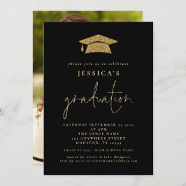 2024 Abschluss Foto Gold Glitzer Grad Cap Black Einladung