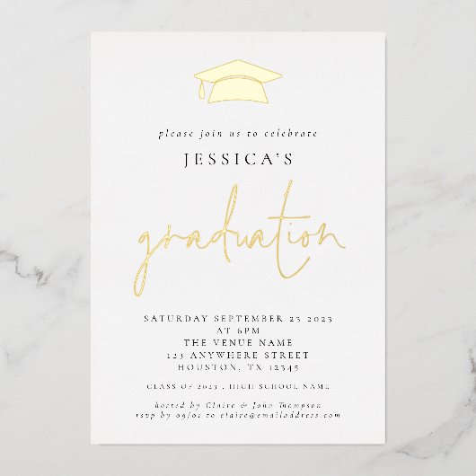 2024 Abschluss Foto Mortar Board Cap Luxury Real Folieneinladung (Vorderseite)