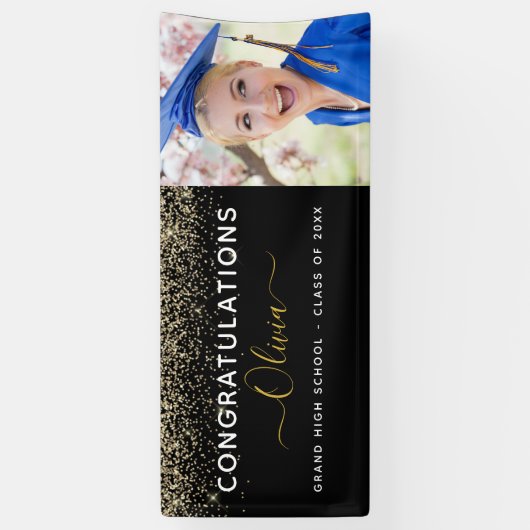 2024 Abschluss Glitzer Gold Black Modern Banner (Vertikal)