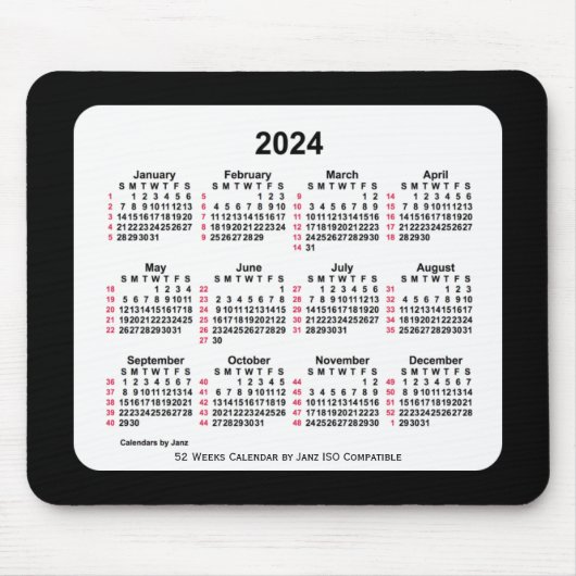 2024 Black 52 Weeks ISO Kalender von Janz Two Tone Mousepad (Vorne)