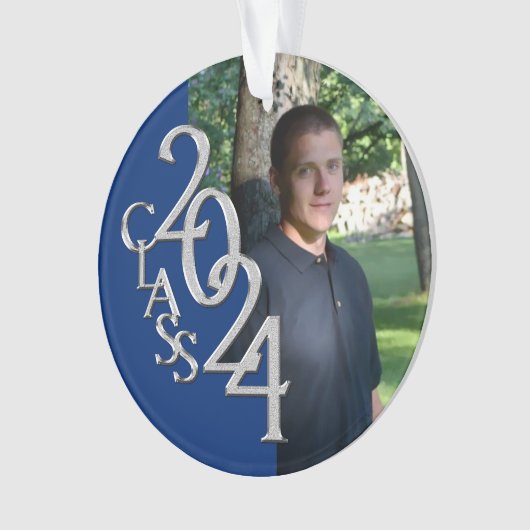 2024 Blau- und Silberner Abschluss Foto Ornament (Vorderseite)
