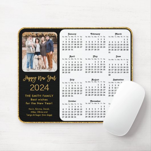 2024 Calendar Black Gold Glitzer Family Foto Mousepad (Mit Mouse)