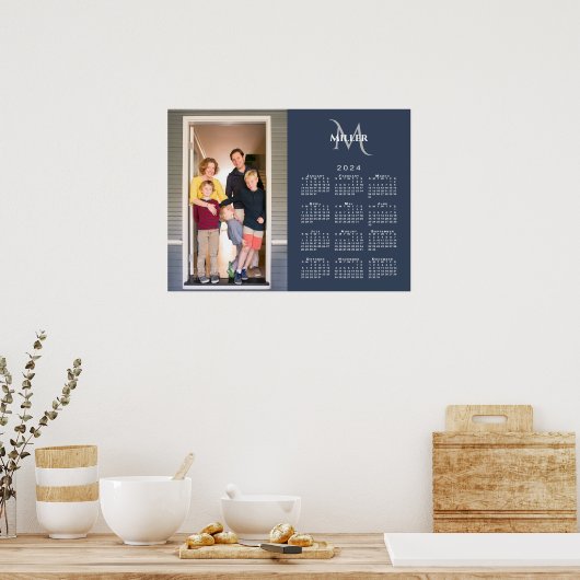 2024 Calendar Custom Foto Monogram Name Navy Blue Poster (Küche)
