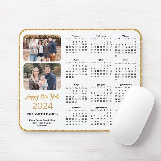 2024 Calendar Gold Glitzer Script 2 Family Foto Mousepad (Mit Mouse)