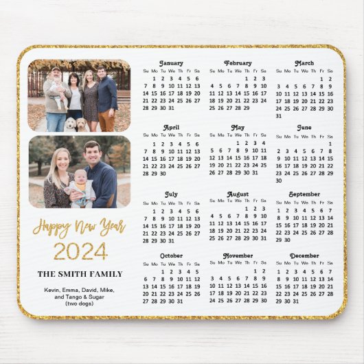 2024 Calendar Gold Glitzer Script 2 Family Foto Mousepad (Vorne)