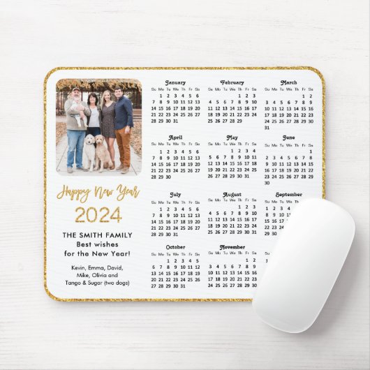 2024 Calendar Gold Glitzer Script Family Foto Mousepad (Mit Mouse)