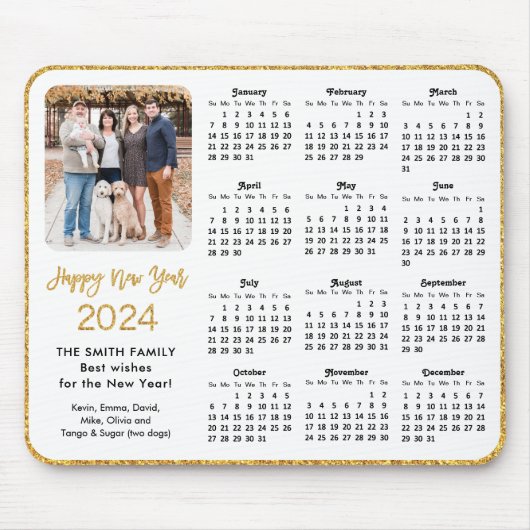 2024 Calendar Gold Glitzer Script Family Foto Mousepad (Vorne)