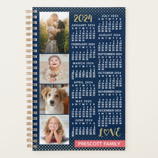 2024 Calendar Navy Koral Gold Foto Collage Klein Planer (Vorderseite)