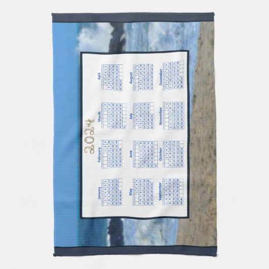 2024 Calendar Ocean Waves Beach Rocks Foto Geschirrtuch (Vertikal)