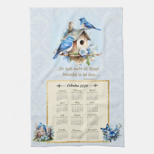 2024 Calendar Towel Bluebirds Vogelhaus ECC 3:11 Geschirrtuch (Vertikal)