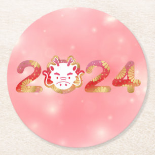 2024, Chinesisches Neujahr, Drache Runder Pappuntersetzer
