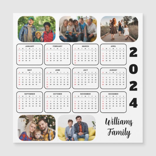 2024 Einfaches, modernes 5-Foto-Familienkalender Magnetkarte (Vorderseite)