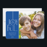 2024 FAMILY PHOTO elegant type modern JOYFUL blue Feiertagskarte<br><div class="desc">by kat massard >>> WWW.SIMPLYSWEETPAPERIE.COM <<< An elegant card design featuring the quote "JOYFUL" with combined elegant script type with serif typography,  and plain colour on the backside,  giving you the opportunity to handwrite a personal message. With trendy edged square shaped photo on the front for your favourite photo!</div>