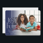 2024 FAMILY PHOTO elegant type modern navy fade Feiertagskarte<br><div class="desc">by kat massard >>> WWW.SIMPLYSWEETPAPERIE.COM <<< An elegant card design featuring the quote "JOYFUL" with combined elegant script type with serif typography,  and plain colour on the backside,  giving you the opportunity to handwrite a personal message. With trendy edged square shaped photo on the front for your favourite photo!</div>