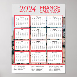 2024 Frankreich Kalender in Englisch Download PDF  Poster