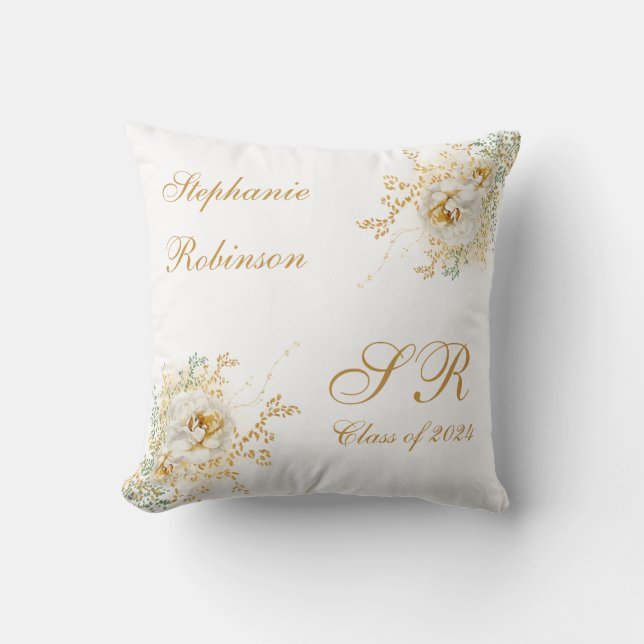 2024 Gold Floral Monogram Abschluss Geschenk Kissen (Vorderseite)